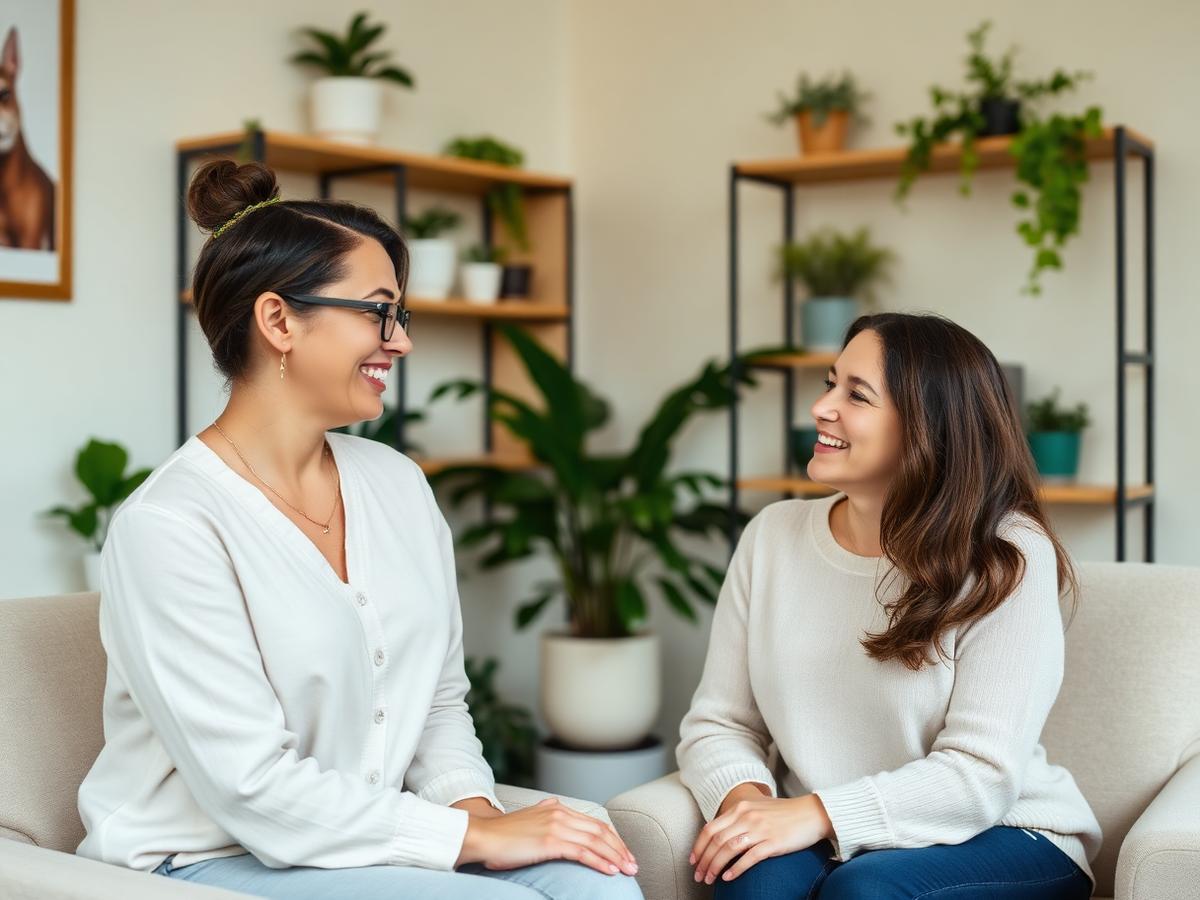 A counselor and client engaged in a warm, supportive conversation